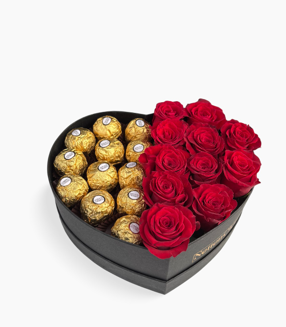 Kalp Kutuda Kırmızı Gül ve Çikolata Aranjmanı
